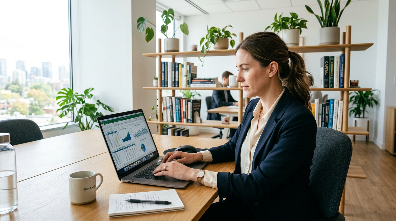 Analyst working at laptop in a calm office with shelving and plants