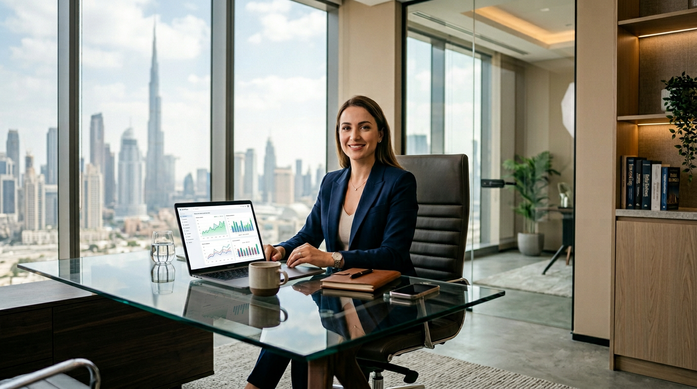 Sunlit advisory office with workspace for quiet review