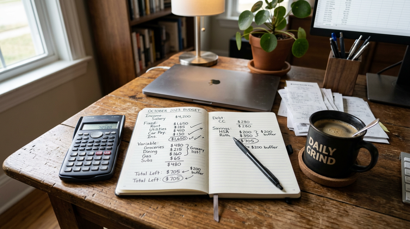 Budget notes in a notebook with calculator on a desk