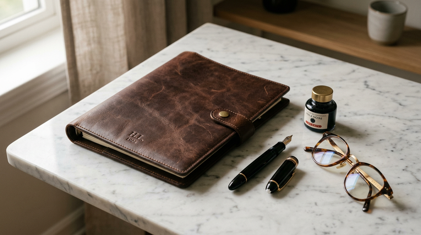 Leather portfolio, pen, and glasses on a marble surface
