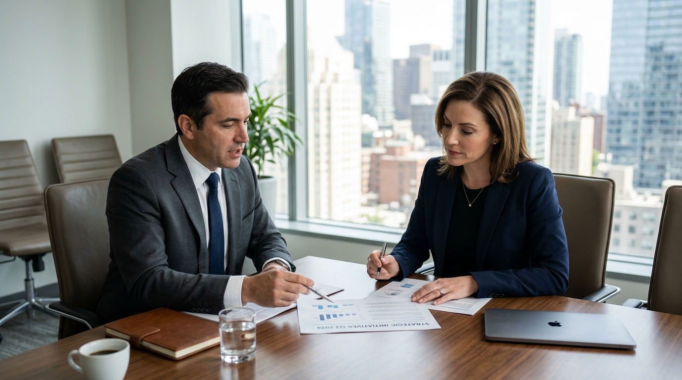 Professionals discussing documents at a conference table with city view