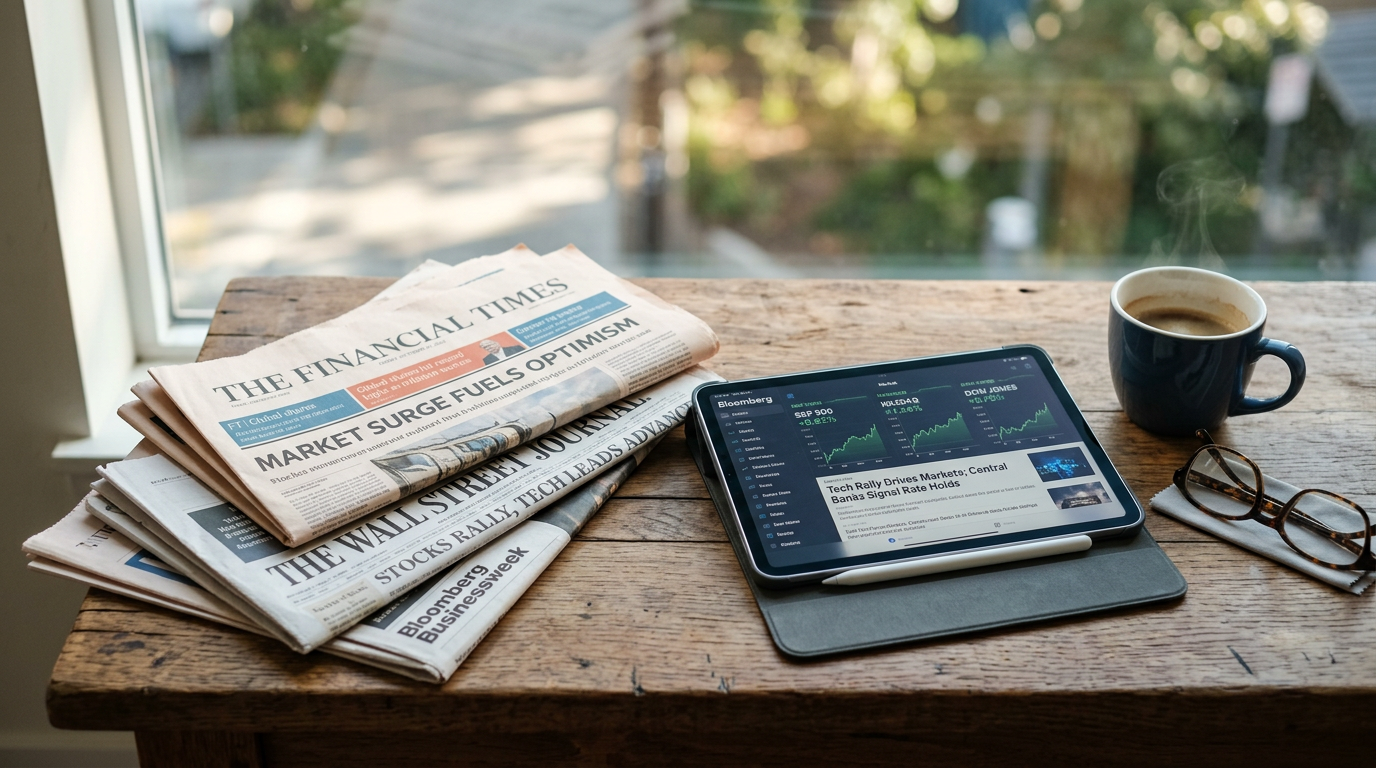 Newspapers and tablet in morning light for reading financial news