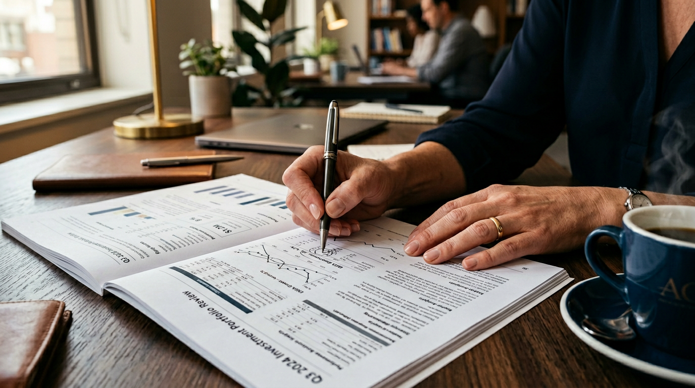 Advisor reviewing printed portfolio notes at a desk